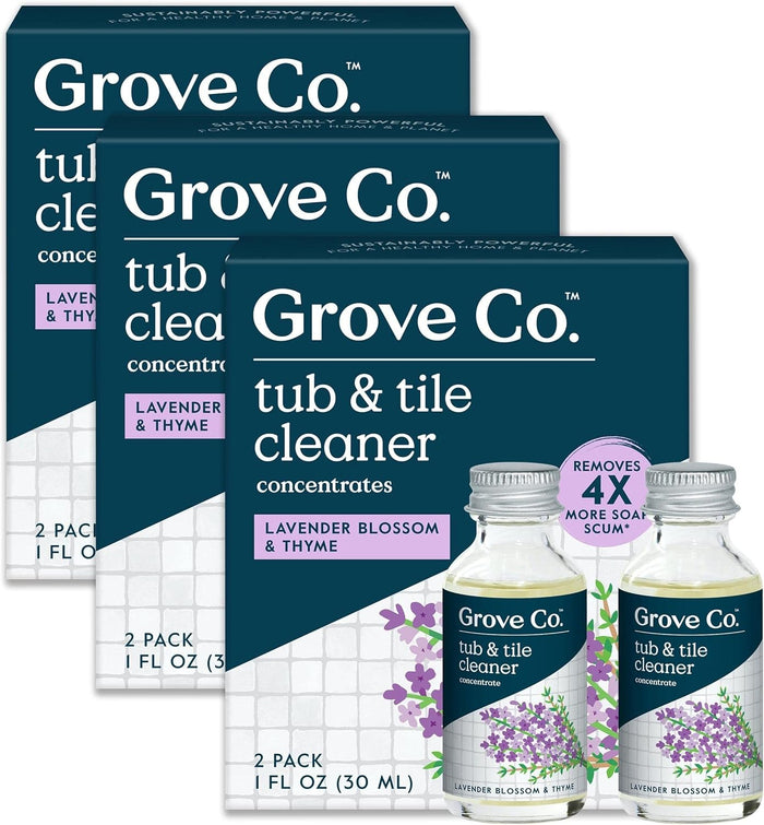 Grove Co. Tub and Tile Cleaner Refill Concentrate (2 x 1 Fl Oz) + 1 x Reusable Glass Spray Bottle (16 Oz) Plant-Based Cleaning Supplies Bundle, No Plastic Waste, Lavender & Thyme Scent