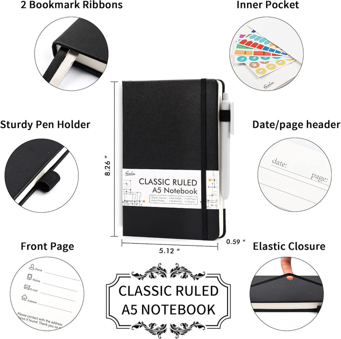 feela 18 Pack Journal Notebook for Work, Business Notebook Bulk Hardcover Lined Writing Journal with Pen Holder for Men Women Note Taking, with 18 Black Pens, 120 GSM, 5.1”x8.3”, A5, Black