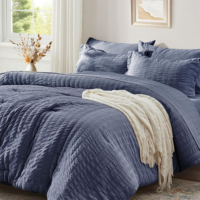 Zzlpp Queen Comforter Set 7 Pieces, Olive Green Seersucker Bed in a Bag with Comforter and Sheets, All Season Bedding Sets with 1 Comforter, 2 Pillow Shams, 2 Pillowcases, 1 Flat Sheet