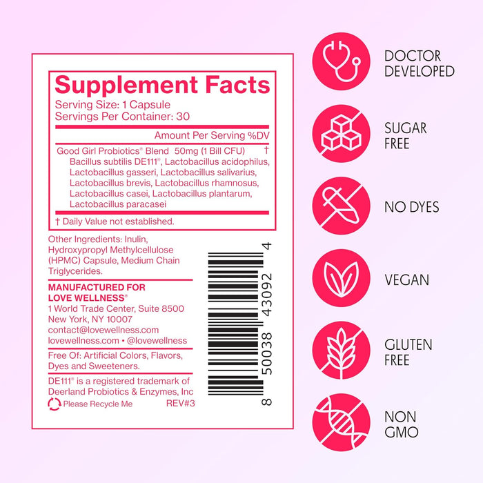 Love Wellness Good Girl Probiotics | Women’s Vaginal Health & pH Balance Supplement | 9-Strain Probiotic for Urinary Tract, Yeast, Odor & Immune Support | Gluten-Free | 30 CT, 30-Day Supply