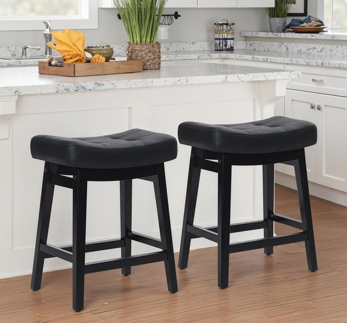 Counter Height Bar Stools Set of 3 for Kitchen Counter Farmhouse Modern Barstools with Faux Leather Upholstered Backless Seat and Solid Wood Legs 24 inch Bar Chairs, Grey + White