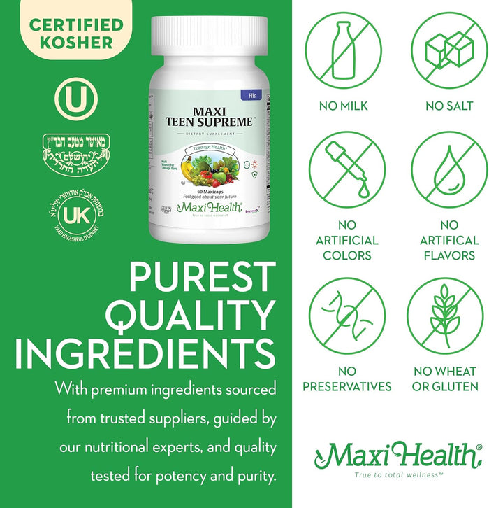 Teen Vitamins for Boys 12-17 - Teen Multivitamin Supreme with D3, Iron, Calcium, Biotin, Digestive Enzymes – Teenager Boy Multi Vitamins for Energy, Brain & Mood Support – 60 Count