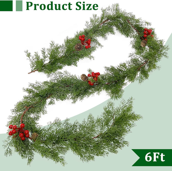 Prelit & Timer - 6 Ft Real Touch Christmas Cedar Garland with Lights, Lighted Christmas Garland for mantle Table Holiday, Soft Greenery Pine Cypress Garlands Pinecone Berry Battery Operated Xmas Decor