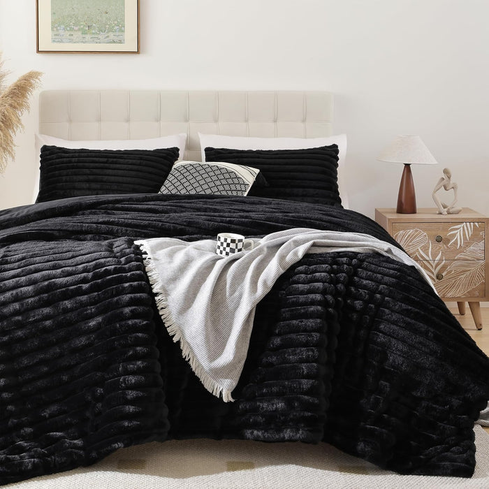 Smoofy Fluffy Queen Comforter Set 3 Pieces - Cream White Fleece Fluffy Comforter Set, Luxury Fuzzy Queen Bedding Set, Soft Warm Bed Set All Season, Heavy Faux Fur Comforter with 2 Pillow Cases