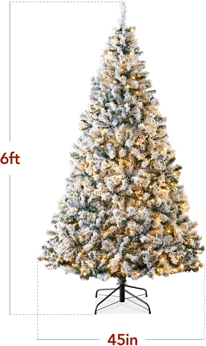 Best Choice Products Pre-Lit Artificial Christmas Tree, 6ft Snow Flocked Design Pine Tree, Full Appearance Snowy w/Easy Assembly, Metal Stand
