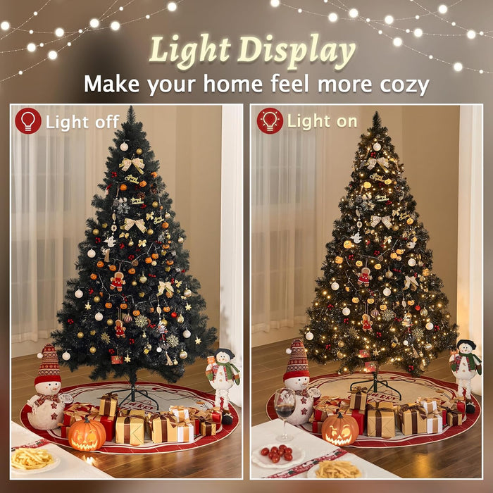7.5FT Black Artificial Christmas Tree Prelit with 1600 PVC Branch Tips, Auto Hinges & 600 Lights & 9 Modes, Seasonal Holiday Party Decorations with Sturdy Metal Stand