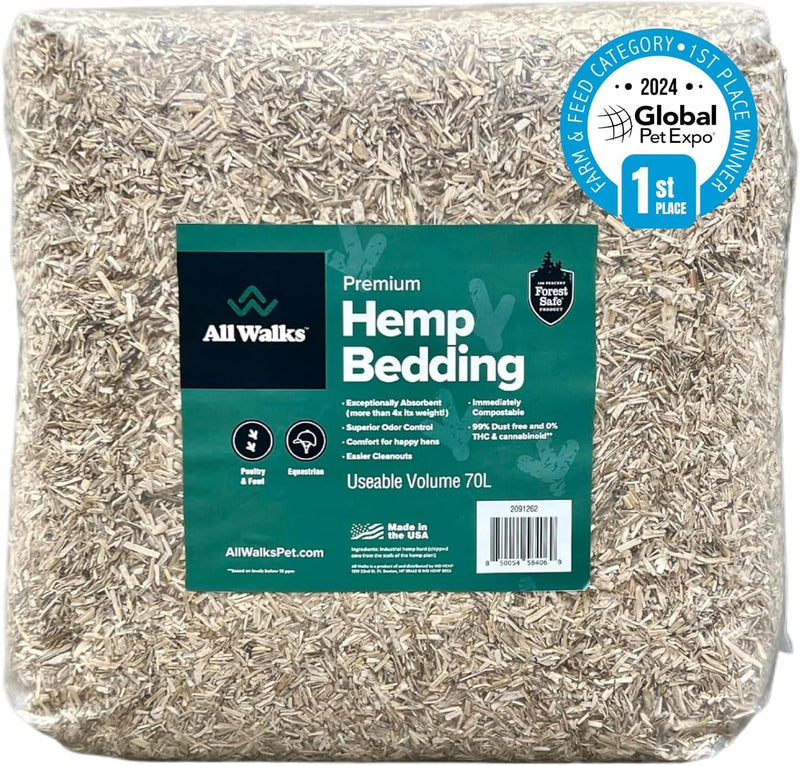 All Walks 18.5 Liter 100% Natural Hemp Bedding - Odor Control, Dust-Free, Chemical-Free, for Chicken Coops, Hamsters, Rabbits & Small Animals, Biodegradable, Made in USA, Highly Absorbent