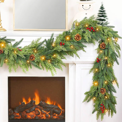 Timer -6 Ft by 10 in Lighted Christmas Garland Real Touch Cedar Garland, Thick and Lush Christmas Norfolk Pine Garlands with Cypress & Norfolk PE Tips Pine Cones Berries for Indoor Mantle Table Decor