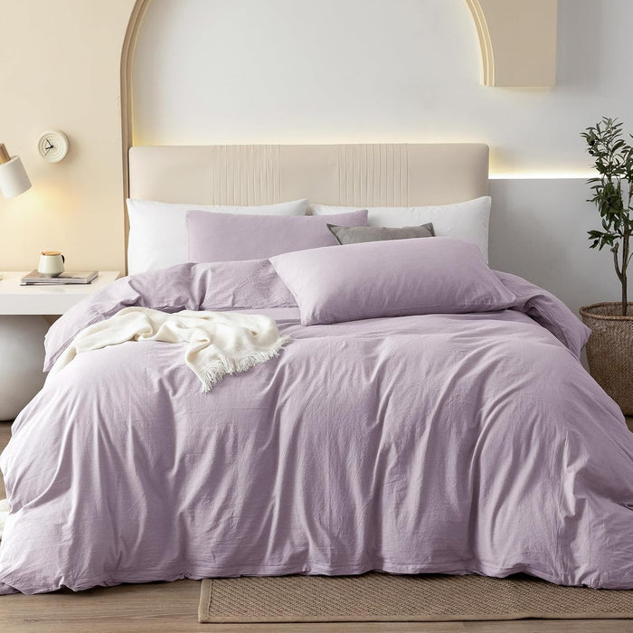 JIYUAN 100% Washed Cotton Duvet Cover Set 3 Pieces Queen, 1 Duvet Cover 90x90 Inches(Comforter Not Included) and 2 Pillowcases,Linen Feel Bedding Set Comfy and Breathable, Heathered Green