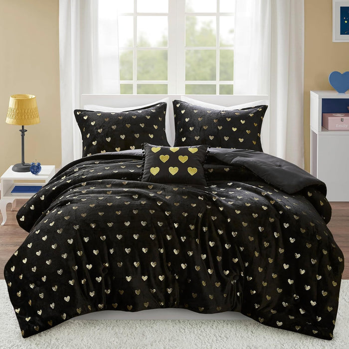 Intelligent Design Queen Comforter Set, 4 Piece Metallic Hearts Bedroom Set for Girls, Queen Bed Set Soft Plush Comforter, Rosalie All Season Fluffy Bedding Set, Full/Queen, Pink Multi/Gold 4 Piece
