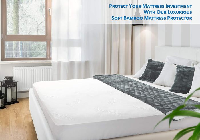 PlushDeluxe Premium Bamboo Mattress Protector – King Size, Waterproof, & Ultra Soft Breathable Noiseless Washable Bed Mattress Cover for Comfort & Protection - White