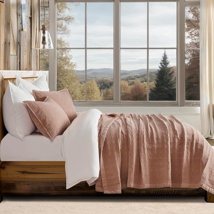 EVERGRACEHOME Stonewashed Cotton Quilt Set King Size, Ultra Soft Oversized Bedspread Coverlet Set, Lightweight Crinkle Box Stitch Bedding Sets for All Season, with 2 Shams, Mocha Brown