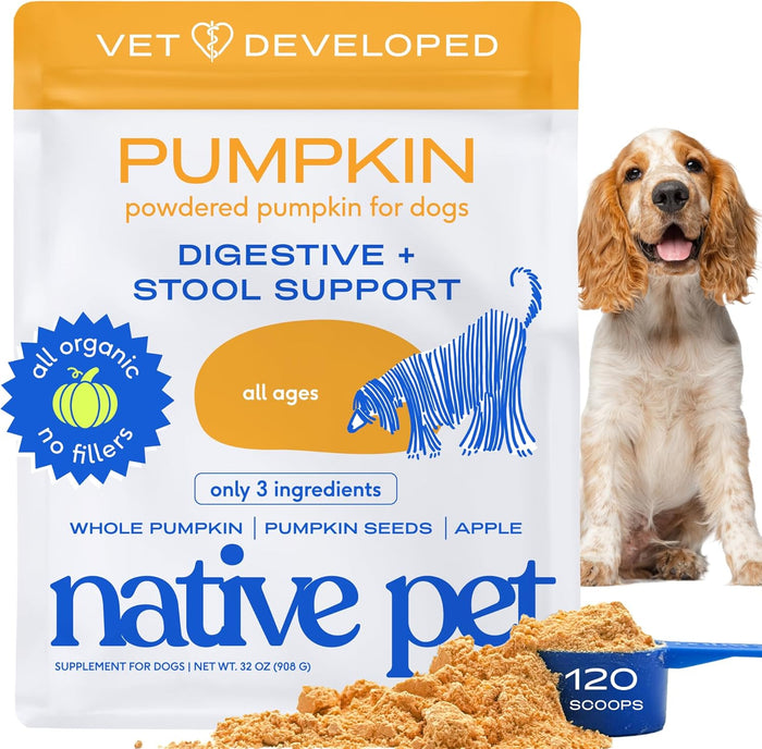 Native Pet Pumpkin for Dogs - Organic Powder Pumpkin Puree Dog Food Toppers -Rich in Fiber Supplement Powder Helps with Digestion, Nutrient Absorption, Diarrhea, Constipation & Upset Stomach-30 Scoops