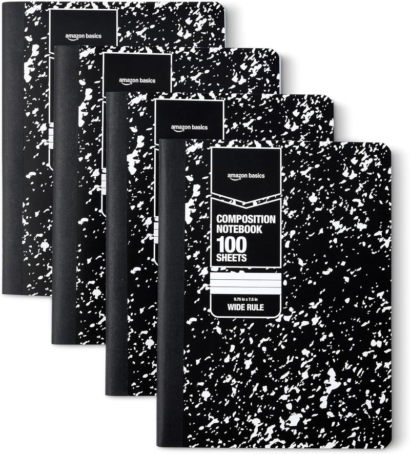 Amazon Basics Composition Notebook, Wide Ruled, 100 Sheets, 4 pack, Assorted Marble Colors