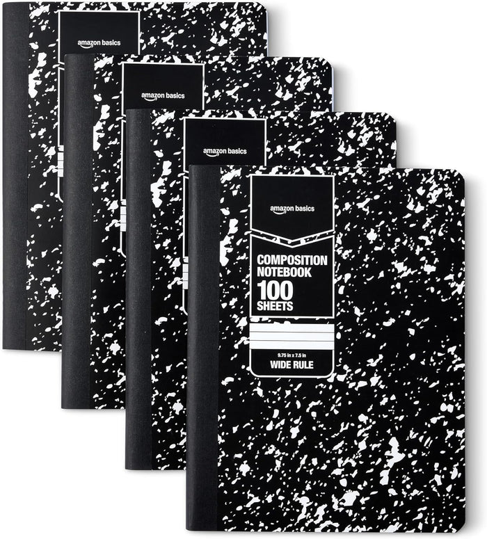 Amazon Basics Composition Notebook, Wide Ruled, 100 Sheets, 4 pack, Assorted Marble Colors