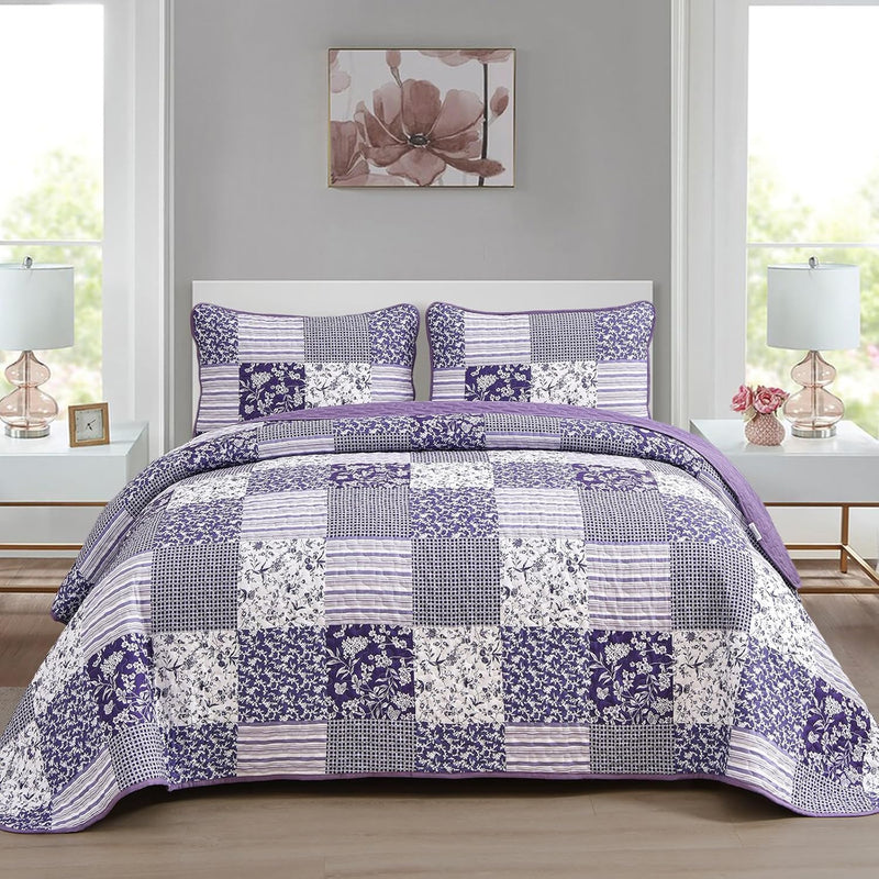 Mybedsoul Purple Quilt Set Queen Size,3 Pieces Boho Floral Plaid Bedspread Coverlet Set for All Season,Patchwork Reversible Bedding Set Queen 90"x96"