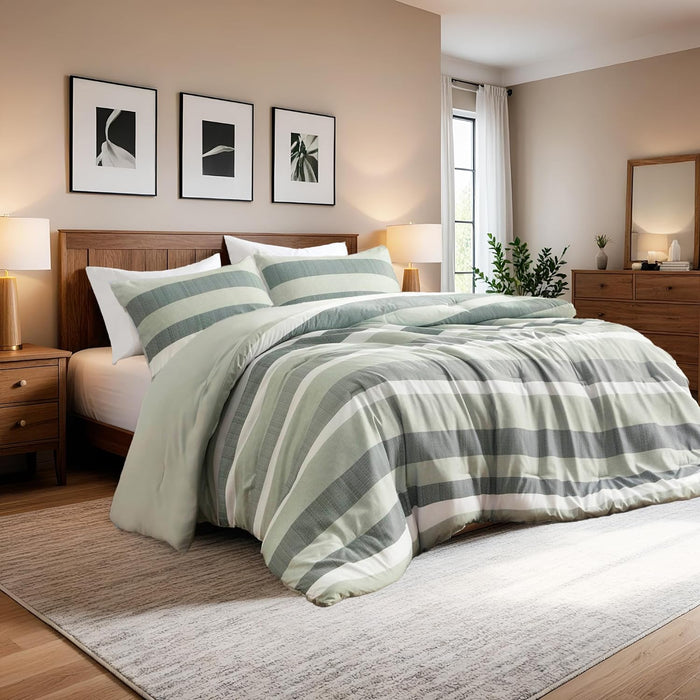 Queen Comforter Set, 3 Pieces Striped Bed Set, Soft Brushed Microfiber Reversible Bedding Set for All Season, Lightweight & Breathable Bedding Set with Comforter & Shams, Neutral