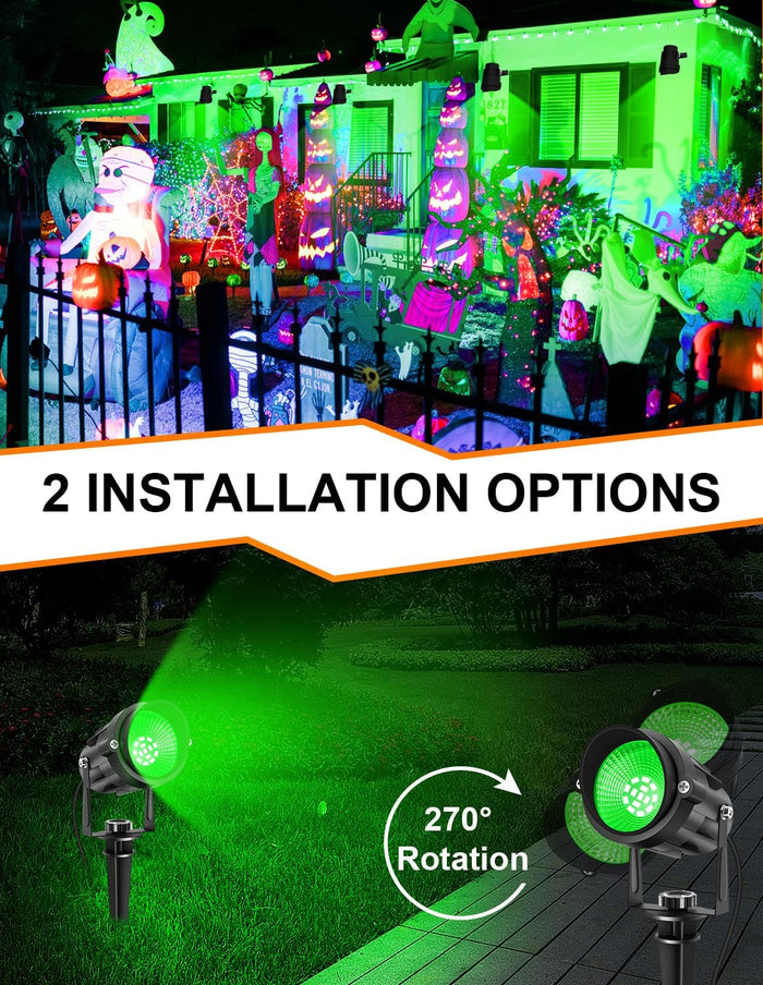 Halloween Green Landscape Lights Outdoor, 14 LED Landscape Lighting with US Plug, IP65 Waterproof Spotlights for Tree Yard Garden Pathway Christmas St. Patrick's Day Decor 2 Pack