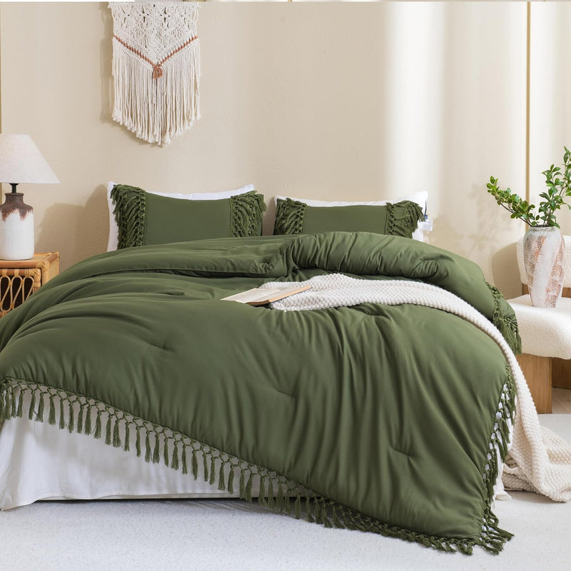 Andency Comforter Queen Size Set Beige, 3 Pieces Tassel Boho Lightweight Winter Bedding Comforters & Sets, All Season Bed Set (90x90In Comforter & 2 Pillowcases)