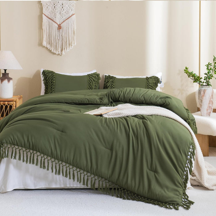 Andency Comforter Queen Size Set Beige, 3 Pieces Tassel Boho Lightweight Winter Bedding Comforters & Sets, All Season Bed Set (90x90In Comforter & 2 Pillowcases)