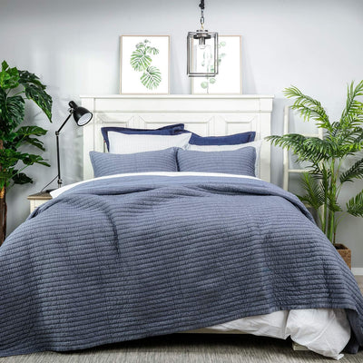 ELEGANT LIFE HOME Cotton Yarn Dyed Chambray Collection Cotton Fill - Lightweight Channel Stitch Stitching Bedding Quilt, King Size, Blue Color, 106" x 90"