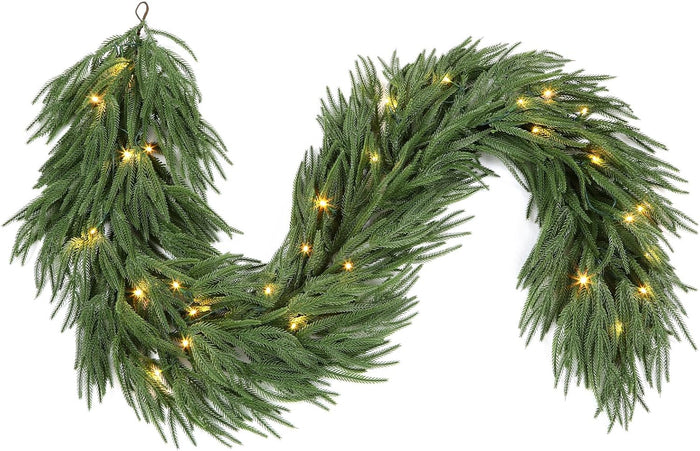 9ft Artificial Christmas Garland with Lights, Real Touch Norfolk Pine Garland - Pine Garlands, Green Christmas Garland for Mantle, Table, Fireplace, Indoor, Outdoor Christmas Decorations