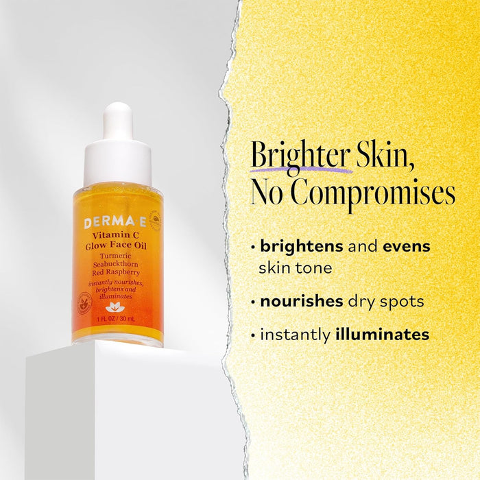 Derma E Vitamin C Glow Face Oil, 1 Fl Oz, Nourishes, Brightens and Illuminates for Radiant Skin, Moisturizing Vitamin C Oil with Turmeric, Seabuckthorn and Red Raspberry
