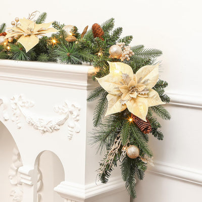 SHareconn 6FT Prelit Christmas Garland Decorations with Multi-Color LED Lights, Battery-Operated Timer, Lighted Garland with Ball Poinsettia for MantleTable Fireplace Stairs Railing Indoor Decor