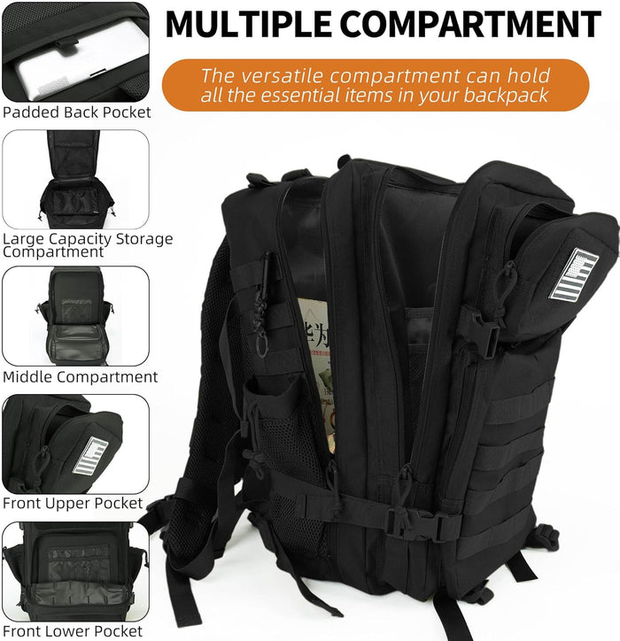 gracedon Military Tactical Backpack for Men and Women Army Camping Daypack Bug out Bag 45l Asault Pack for Travel Hiking (Black)