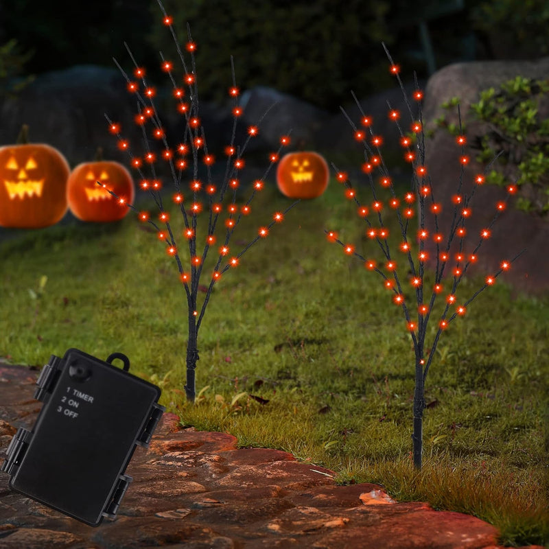 Lighted Halloween Tree Branches, 30IN 100LED Artificial Black Twig Branch with Purple&Orange Fairy Lights, Built-in Timer & Battery Operated, Waterproof for Outdoor Pathway Lawn Garden Decorations