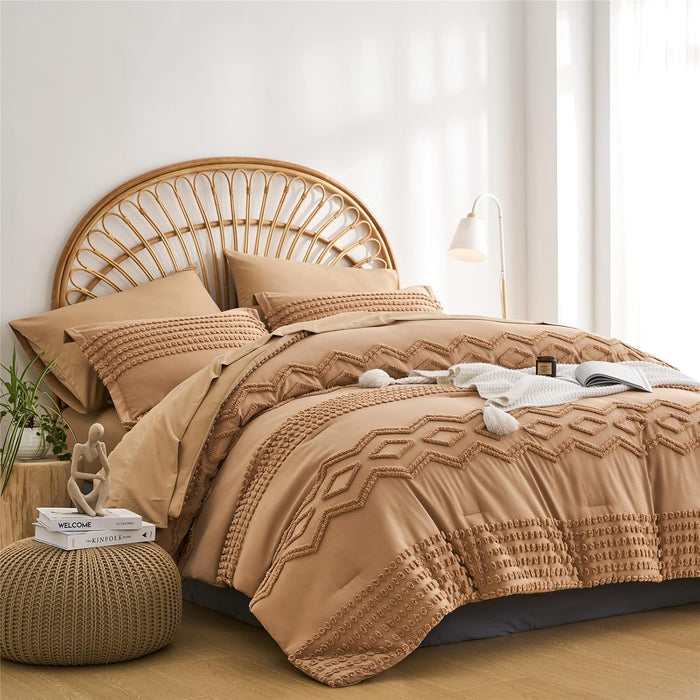 Blush Pink Tufted Comforter Set Queen Size 7 Piece Bed in a Bag, Shabby Chic Boho Comforter and Sheet Set, Pom Pom Textured Bed Set, All Season Soft Microfiber Complete Bedding Set(Pink,Queen)