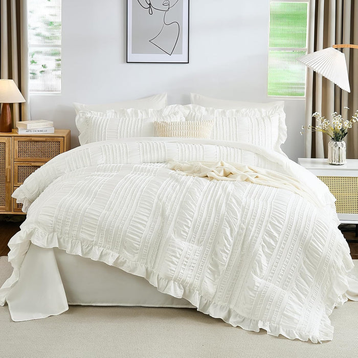WONGS BEDDING Queen Comforter Set,Beige Cute Ruffle Comforter for Queen Bed, 7 Pieces Bed in a Bag Seersucker Shabby Chic Bedding Set 90"×90"