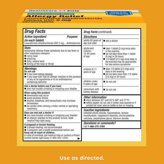 HealthCareAisle Allergy Relief - Levocetirizine Dihydrochloride Tablets USP, 5 mg, 160 Tablets, Original Prescription Strength Allergy Medication, 24-Hour Relief, 80 Count (Pack of 2)