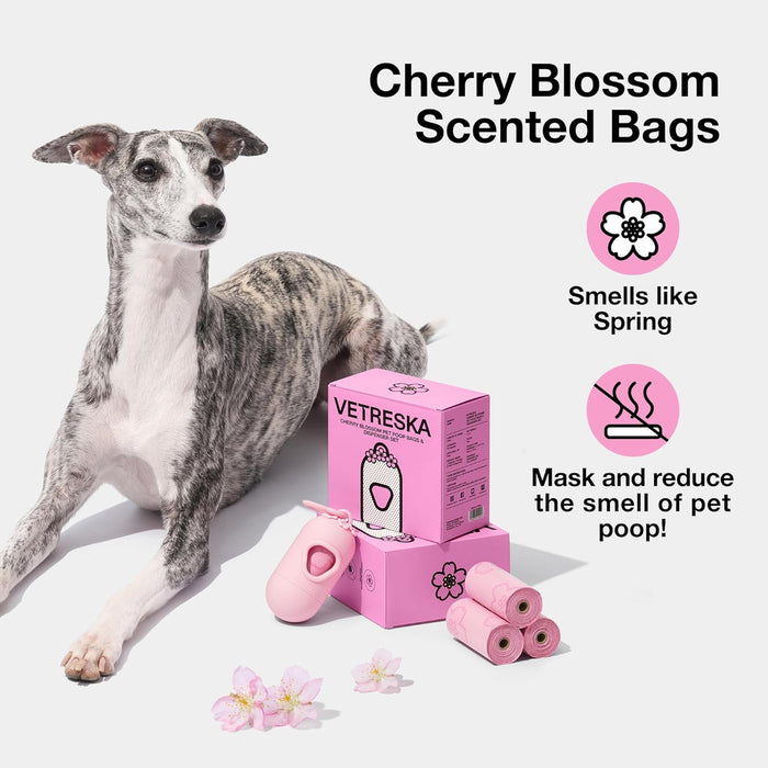 VETRESKA Dog Poop Bag Dispenser with Cherry Blossom Scented Poop Bags, Leak Proof and Extra Thick Pet Waste Bags, 1 Poop Bag Holder and 105 Bags for Dog Walking and Cats Litter, Pink