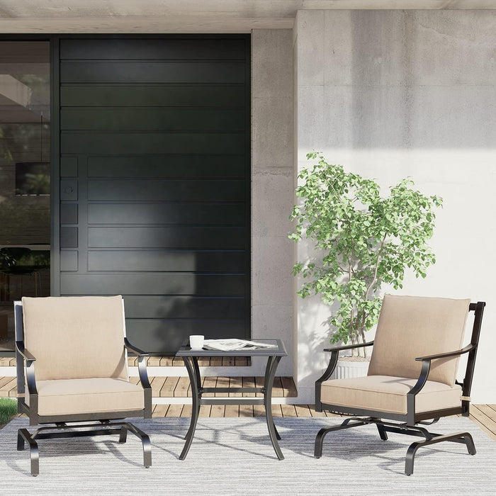 Grand patio 3-Piece Furniture Seating Motion Chairs Set Outdoor Bistro Set Patio Conversation Sets Glider Rocking Chair with Comfortable Gray Cushions Square Coffee Table for Garden Lawn & Poolside