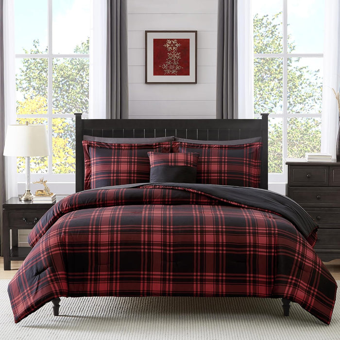 MaiRêve Queen Comforter Set, Plaid Design Comforter Set 7 Pieces, Comfortable Red Queen Bedding Sets Queen, Lightweight, Warm and Breathable (Red, Queen, 90"x90")