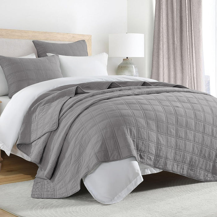 HORIMOTE HOME 100% Cotton Quilt Set Queen Size, Charcoal Pre-Washed Bedspreads Coverlet Set in Geometric Pattern, Cozy Lightweight Stitching Decorative Bedding Cover with 2 Shams for All Season