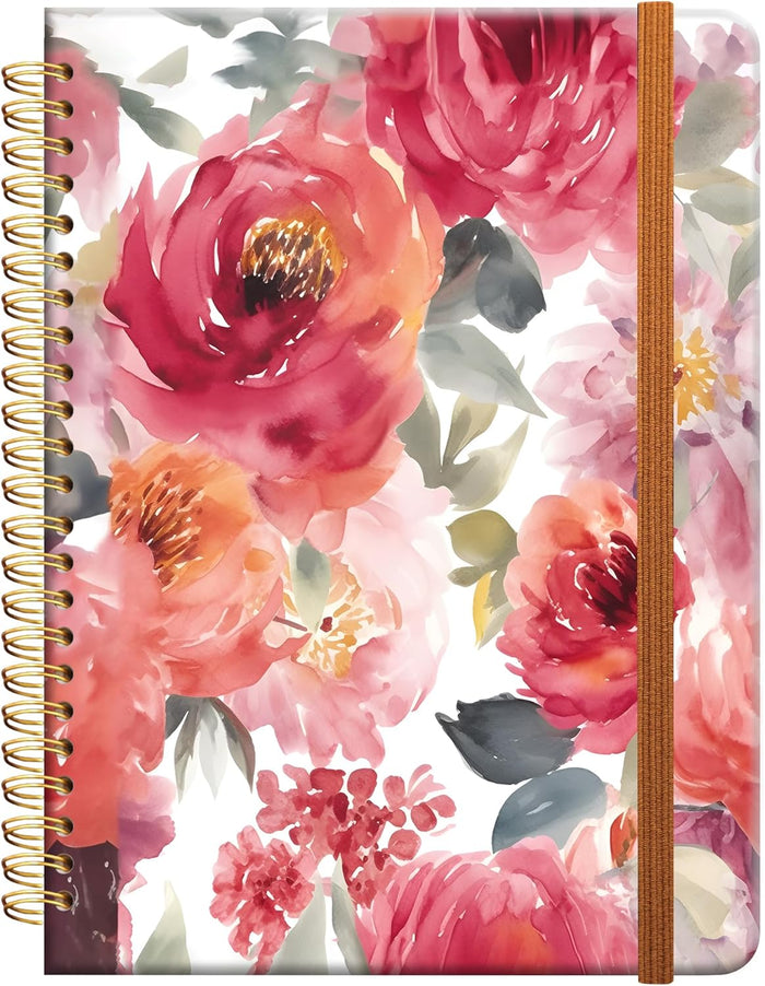 Ruled Spiral Writing Notebook,A5 Hardcover Lined College Journal for Women Lady Girl,Strong Twin-Wire Binding with Premium Paper,8.4" X 6",Perfect for School,Office,Home Gifts(watercolor roes floral)