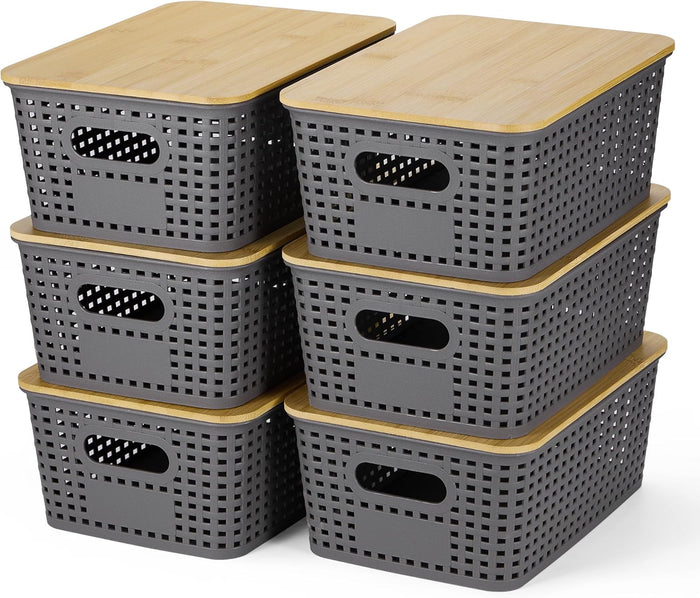 Plastic Storage Baskets With Bamboo Lid - Plastic Storage Containers Stackable Storage bins: Storage Baskets for Organizing Shelves Drawers Desktop Closet Playroom Classroom Office, 6 Pack