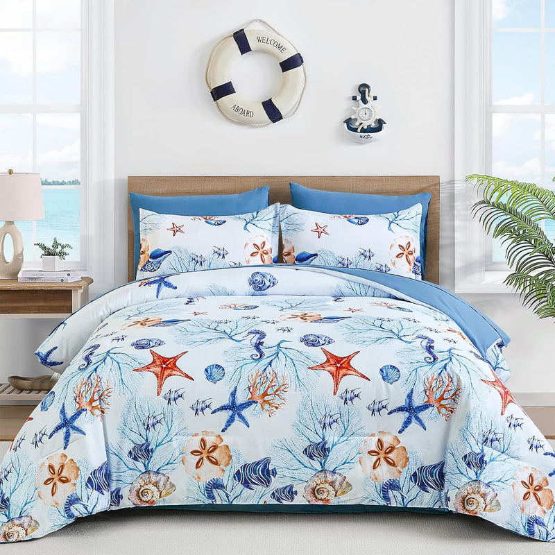 WONGS BEDDING Coastal Comforter Set Queen, Beach Themed Comforter,7 Pieces Ocean Nautical Seaweed & Starfish Bed in a Bag (90"×90")