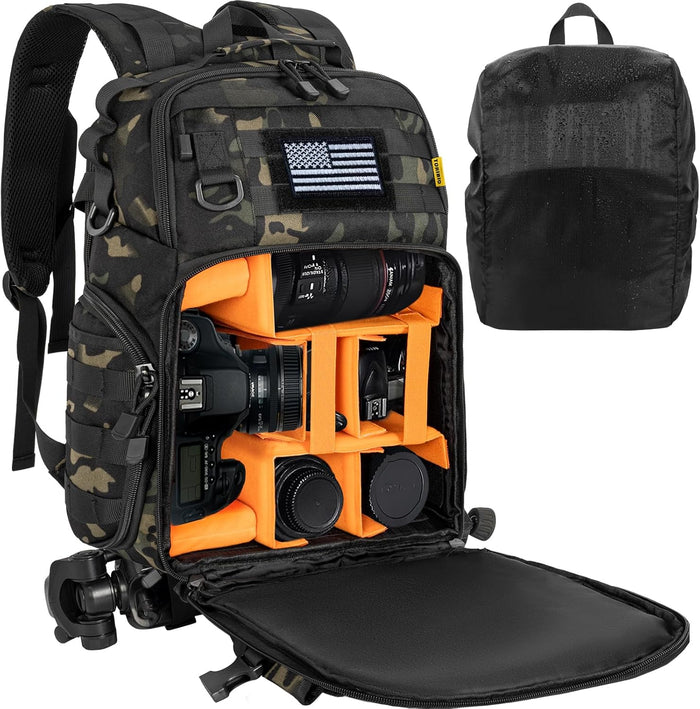 Camera Backpack for DSLR/SLR/Mirrorless Photography Camera, Tactical Camera Bag Case Water-resistant Travel Backpack with 15.6" Laptop Compartment Compatible with Canon