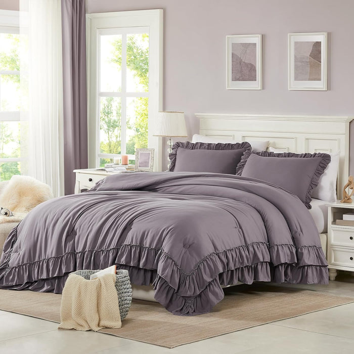 Cupocupa White Queen Comforter Set, 3Pcs Ruffle Comforters Queen/Full Size Farmhouse Bedding Sets with Comforter, Lightweight Fluffy Soft Shabby Chic Bedding Comforter Sets