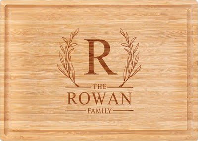 Personalized Bamboo Cutting Board for Kitchen with Juice Groove | 3 Sizes Engraved Charcuterie Boards for Meat Vegetables Fruits | Housewarming Gifts New Home (Engraved Wreath Monogram)