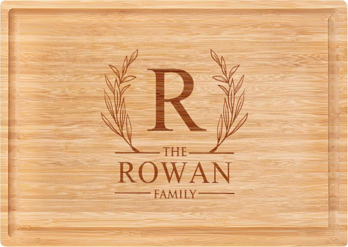 Personalized Bamboo Cutting Board for Kitchen with Juice Groove | 3 Sizes Engraved Charcuterie Boards for Meat Vegetables Fruits | Housewarming Gifts New Home (Engraved Wreath Monogram)