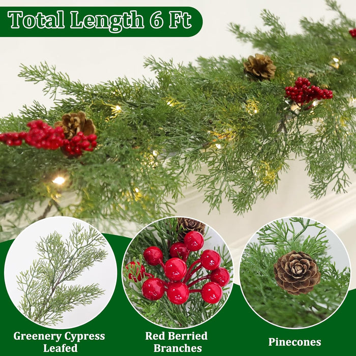 Prelit & Timer - 6 Ft Real Touch Christmas Cedar Garland with Lights, Lighted Christmas Garland for mantle Table Holiday, Soft Greenery Pine Cypress Garlands Pinecone Berry Battery Operated Xmas Decor