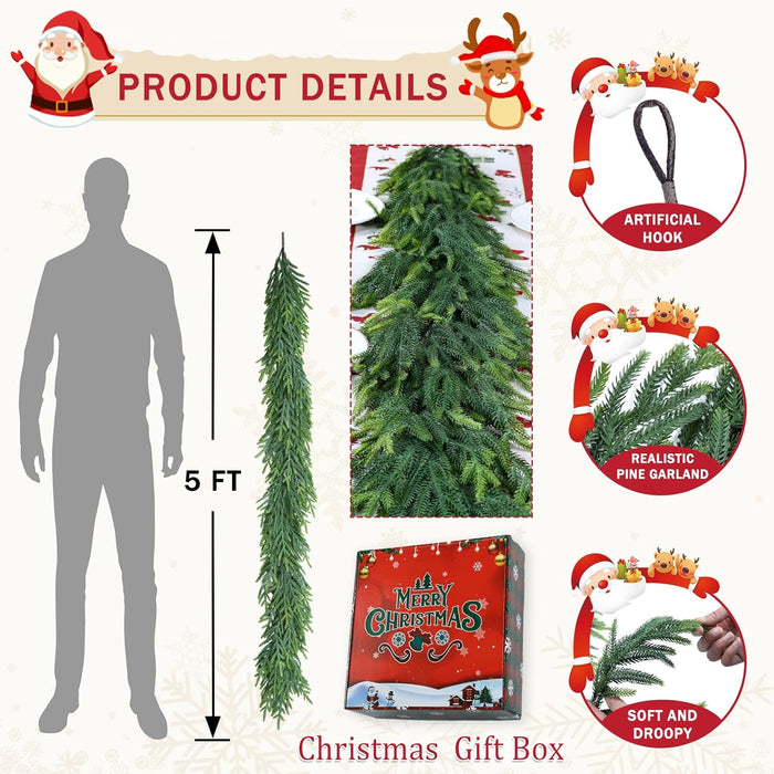60 Inch Christmas Cedar Garland for Staircase Real Touch Droopy Bendable Lifelike Faux Xmas Garlands for Decoration Christmas Green Pine Mantle Garland Thanksgiving Table Decorations Outdoor Indoor