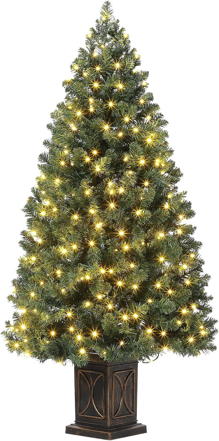 4.5 Ft Artificial Fiber Optic Christmas Tree, Pre-Lit Artificial Potted Xmas Tree with 300 Led Lights, 8 Lighting Modes, Includes Antique Urn Base, 1 PCS