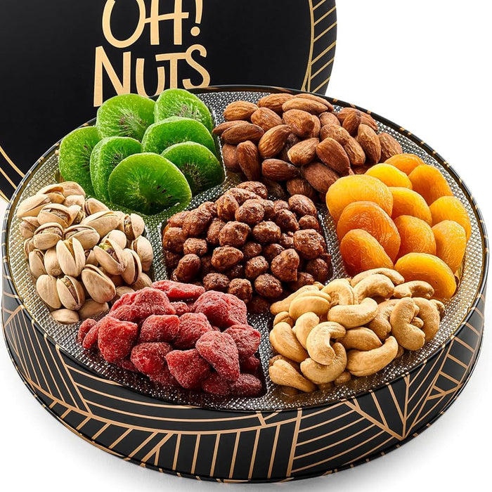 Oh! Nuts Dried Fruit Gift Basket 7 Variety Tin Box - Gourmet Arrangement Platter - Healthy Food Snack Box for Birthday, Anniversary, Corporate - Gift for Women & Men (Dried Fruits)