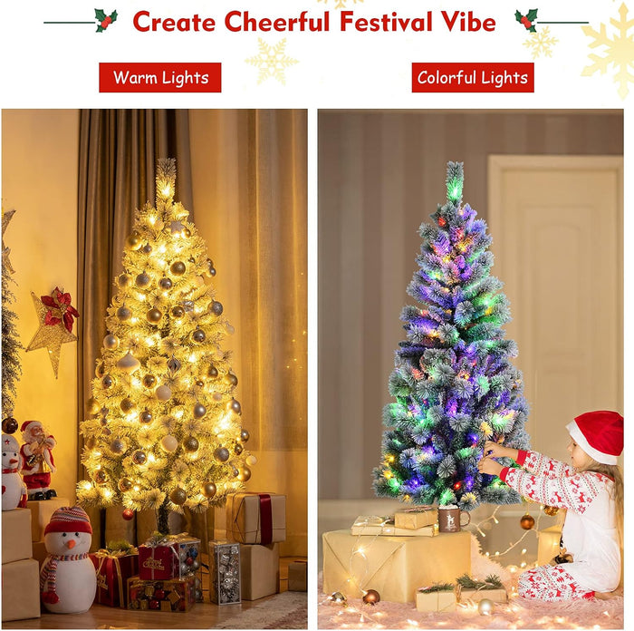 DORTALA Pre-lit Christmas Tree, 5FT Snow Flocked Pine Artificial Xmas Tree with Remote Control, 279 Branch Tips, 140 LED Lights, 9 Lighting Modes, Foldable Metal Stand, White
