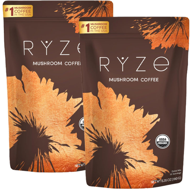RYZE SUPERFOODS Mushroom Coffee USDA Organic with 6 Adaptogenic Mushrooms and MCT Oil, USA Grown Instant Coffee for Better Energy, Focus, Digestion, Immunity with Lions Mane & Turkey Tail, 30 servings